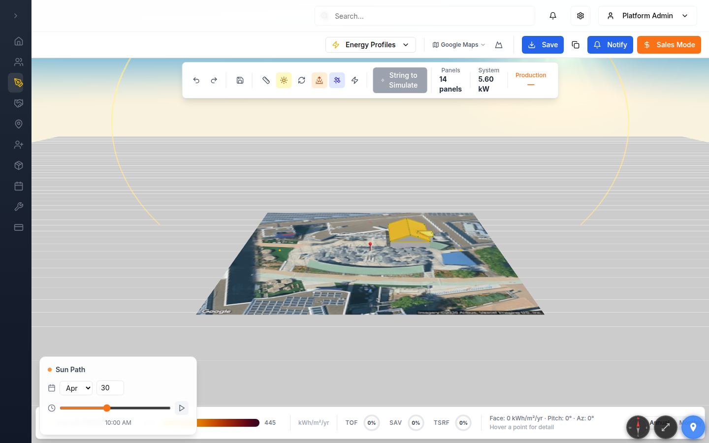 SolarDesk 3D design tool with sunpath and irradiance overlays on a real rooftop