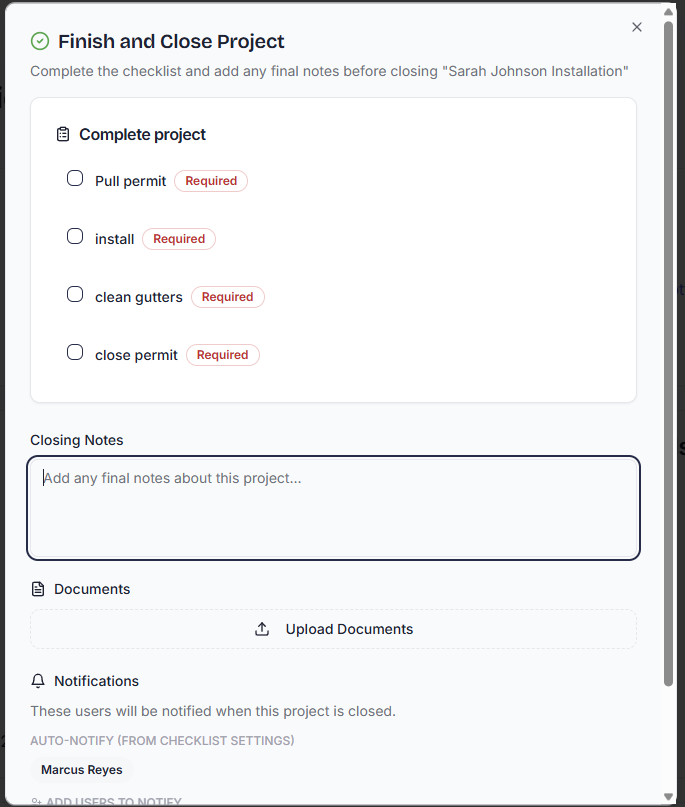 SolarDesk finish and close project modal