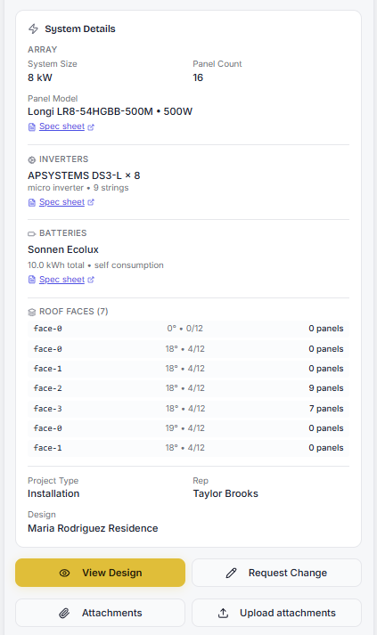 SolarDesk mobile app — system details and job spec